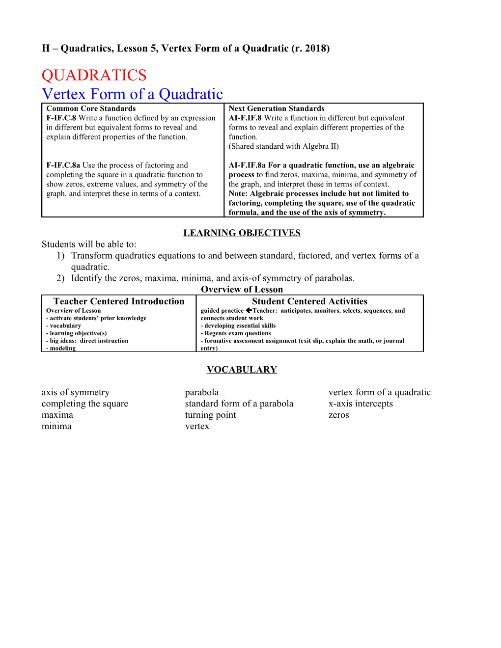 H Quadratics, Lesson 5, Vertex Form of a Quadratic(R. 2018)