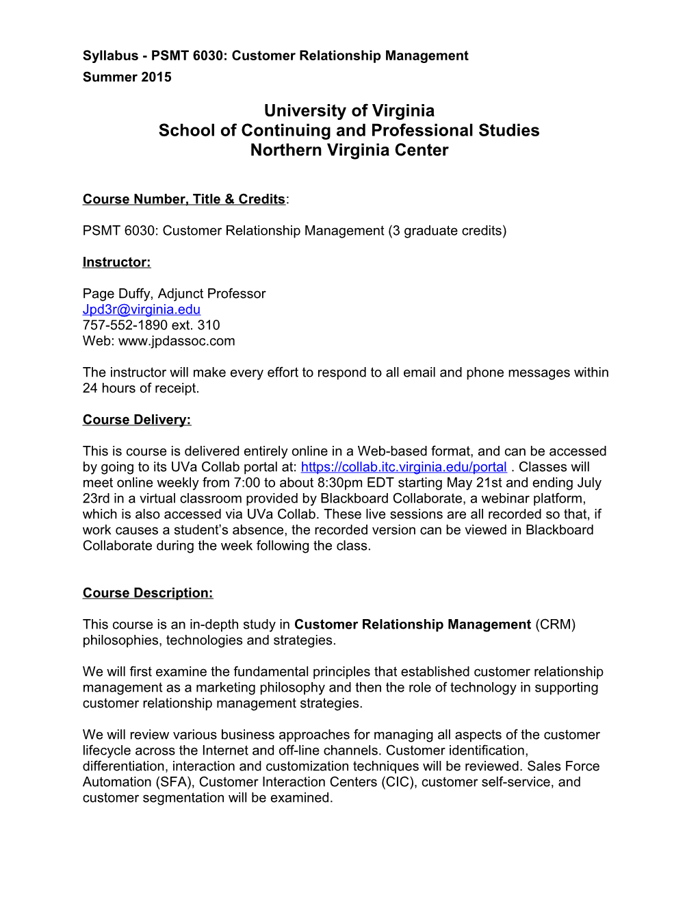 Syllabus - PSMT 6030: Customer Relationship Management
