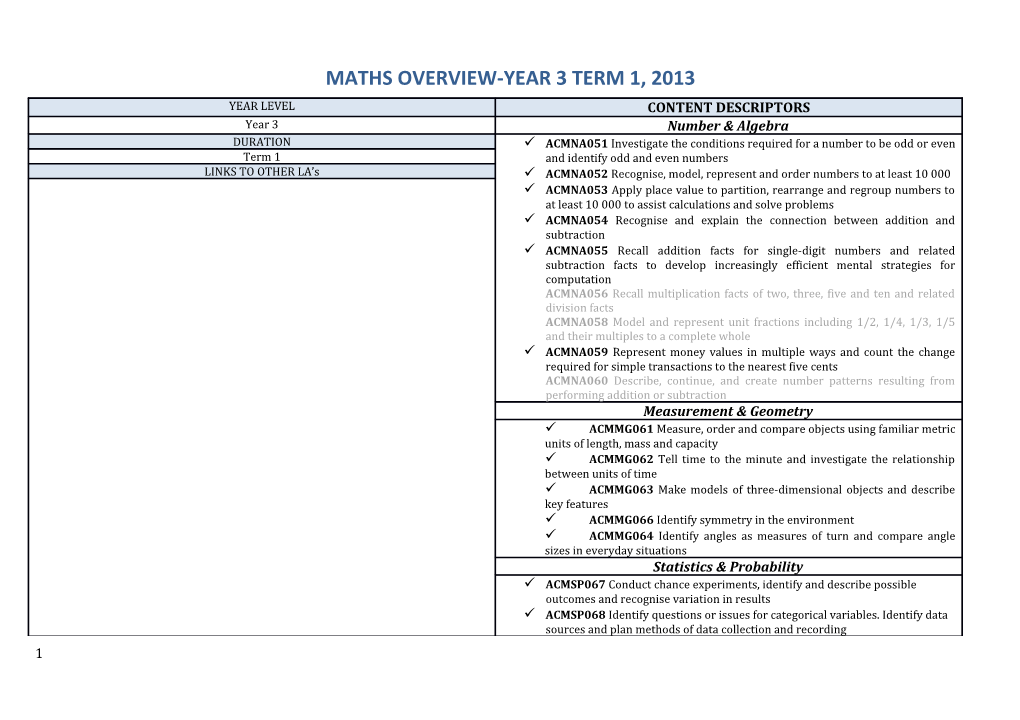 Maths Overview-Year 3 Term 1, 2013