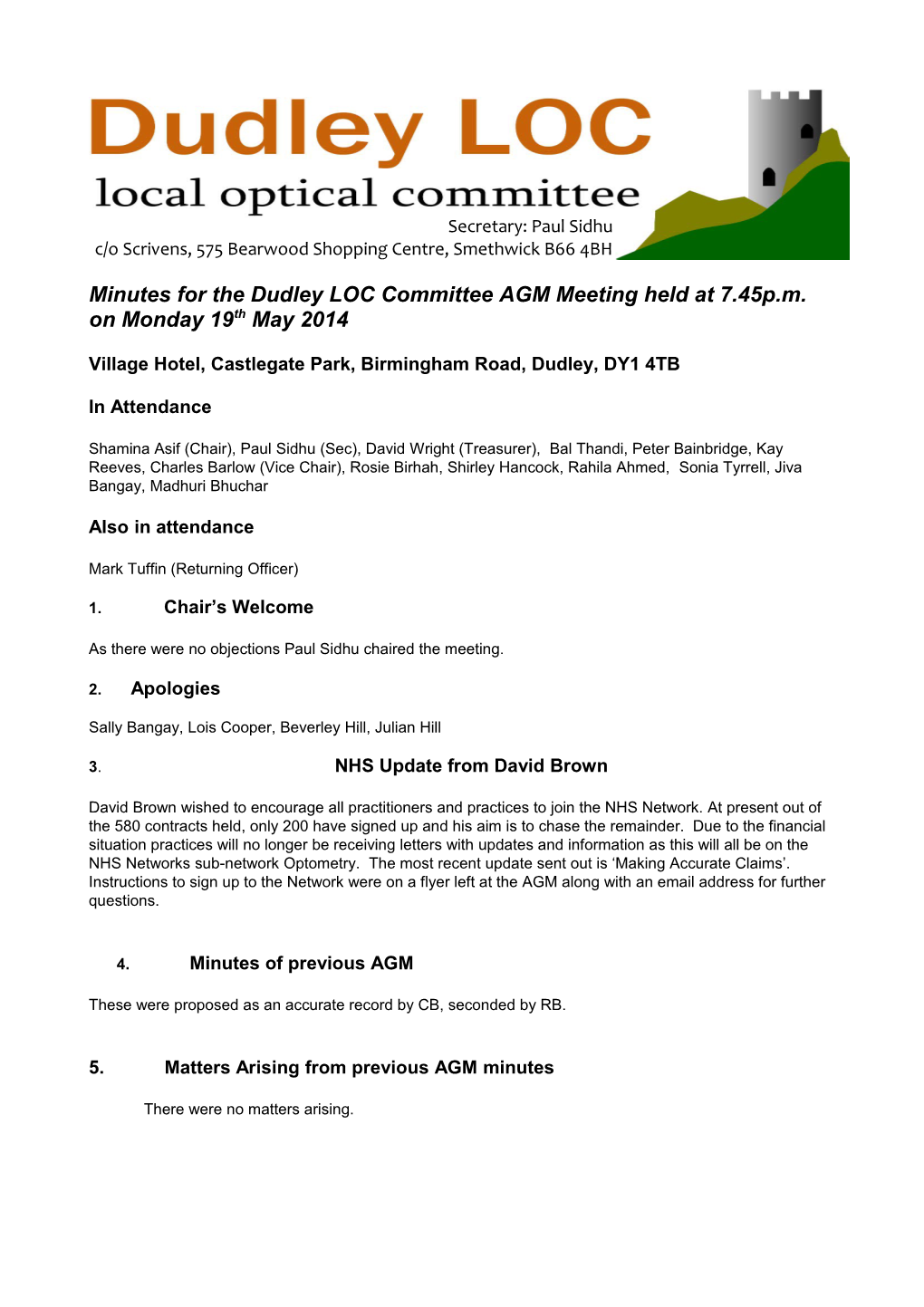 Minutes for the Dudley LOC Committee AGM Meeting Held at 7.45P.M. on Monday 19Th May 2014