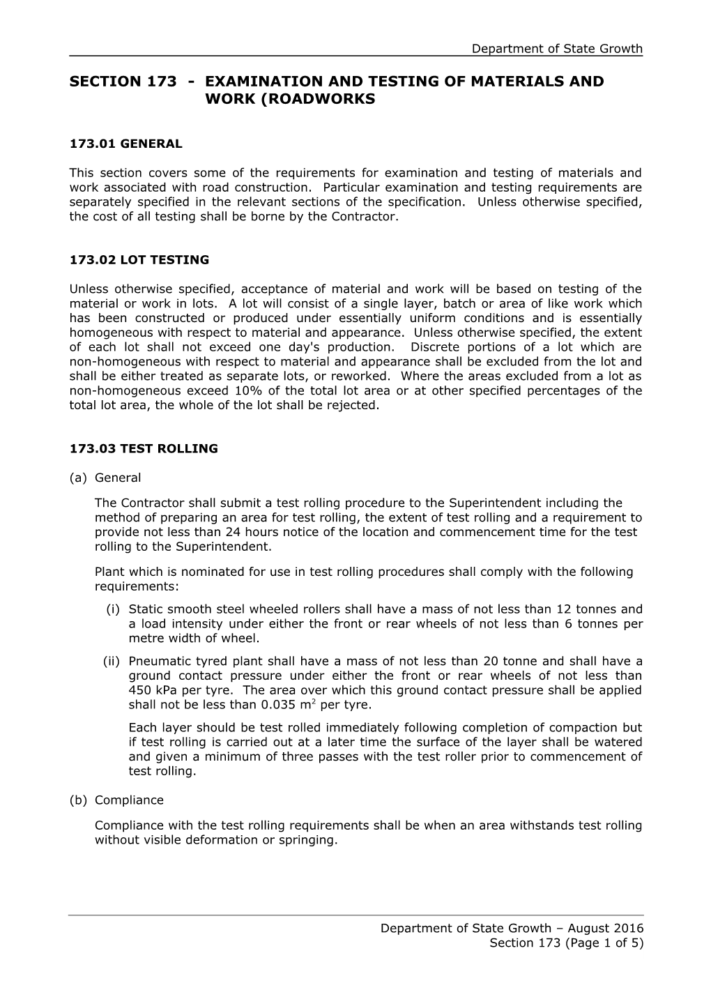 Section173examination and Testing of Materials and Work (Roadworks