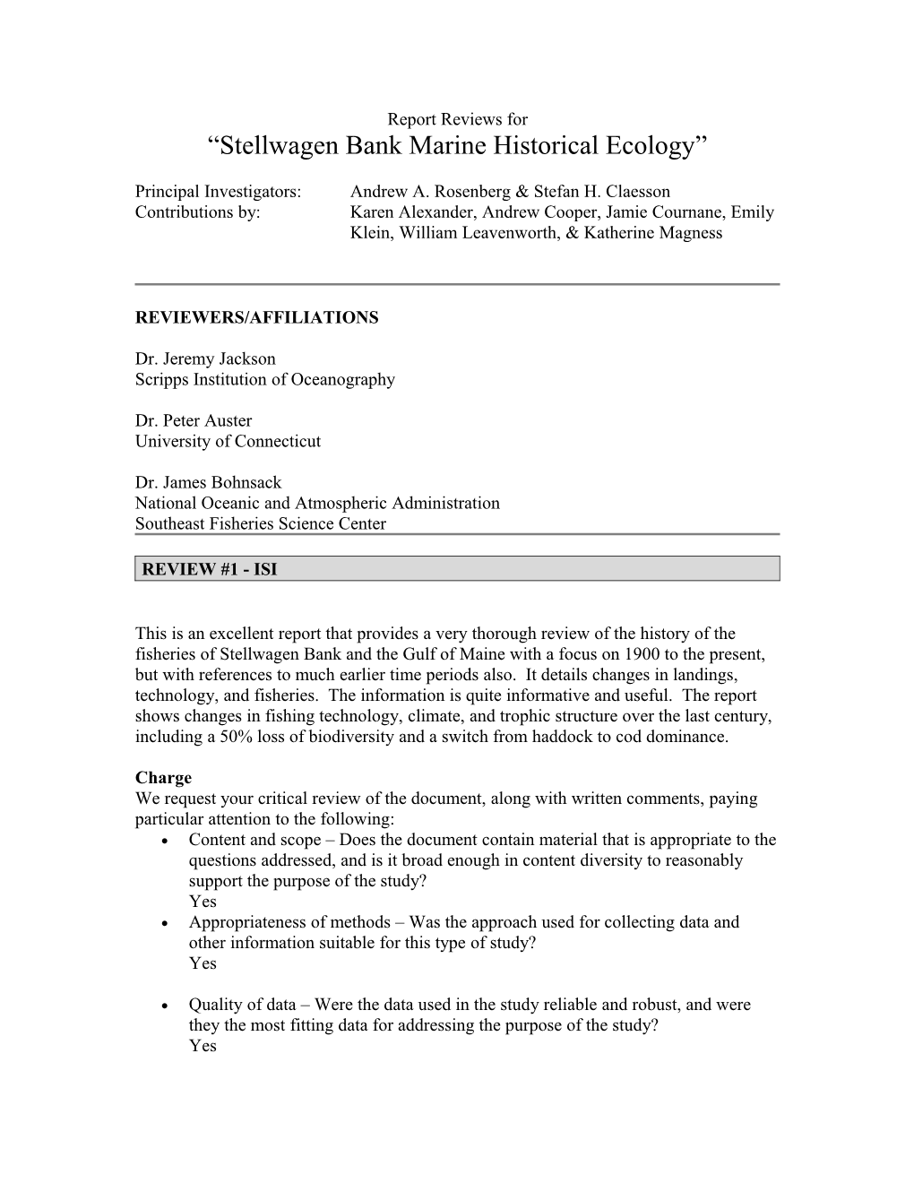 Review of Stellwagen Bank Marine Historical Ecology: Final Report