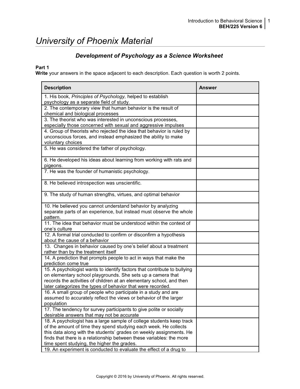Development of Psychology As a Science Worksheet
