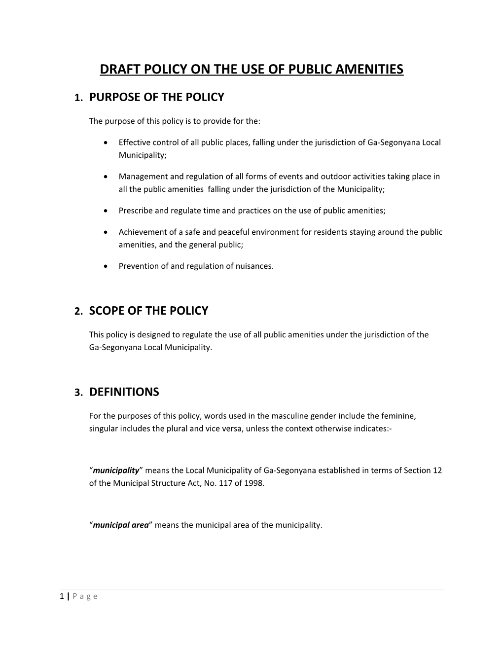 Draft Policy on the Use of Public Amenities