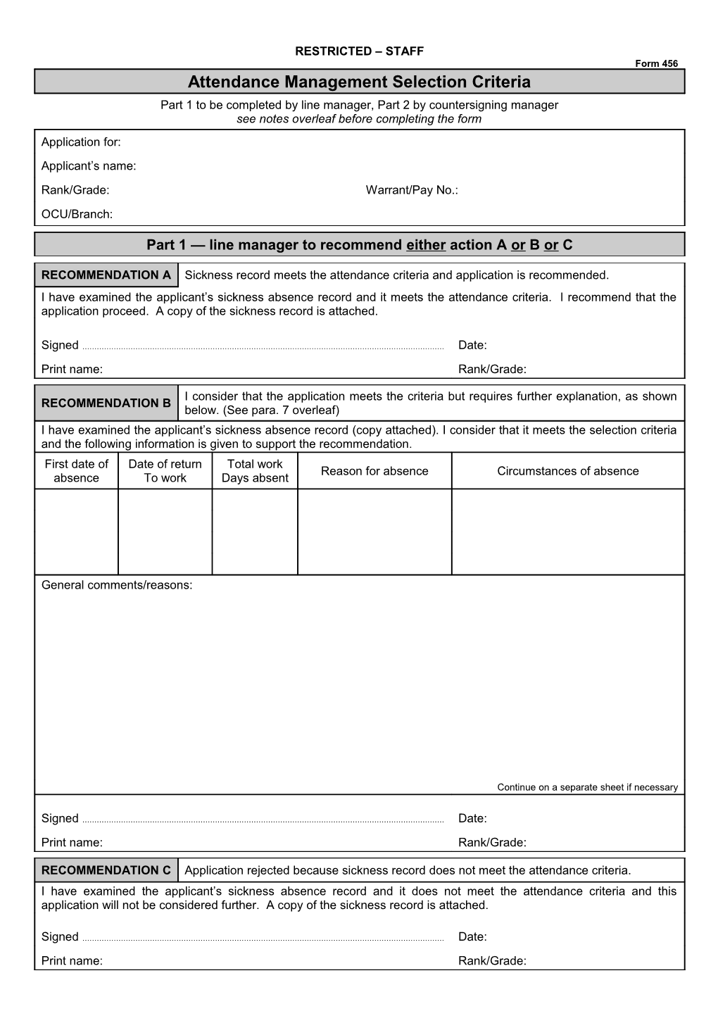 Form 456 - Attendance Management Selection Criteria