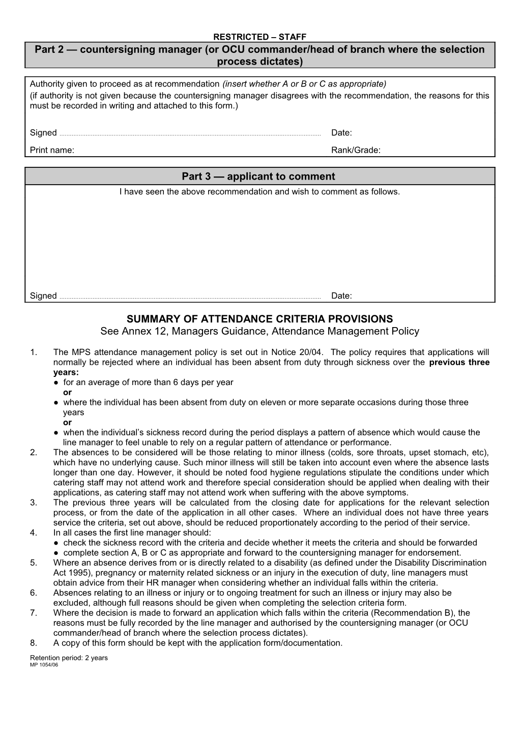 Form 456 - Attendance Management Selection Criteria