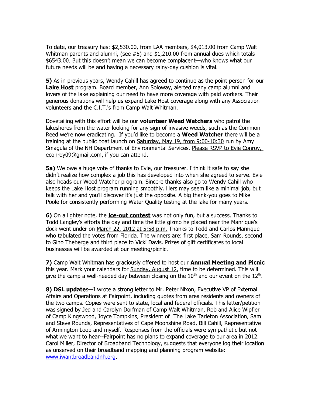 Lake Armington Association Spring Newsletter 2012