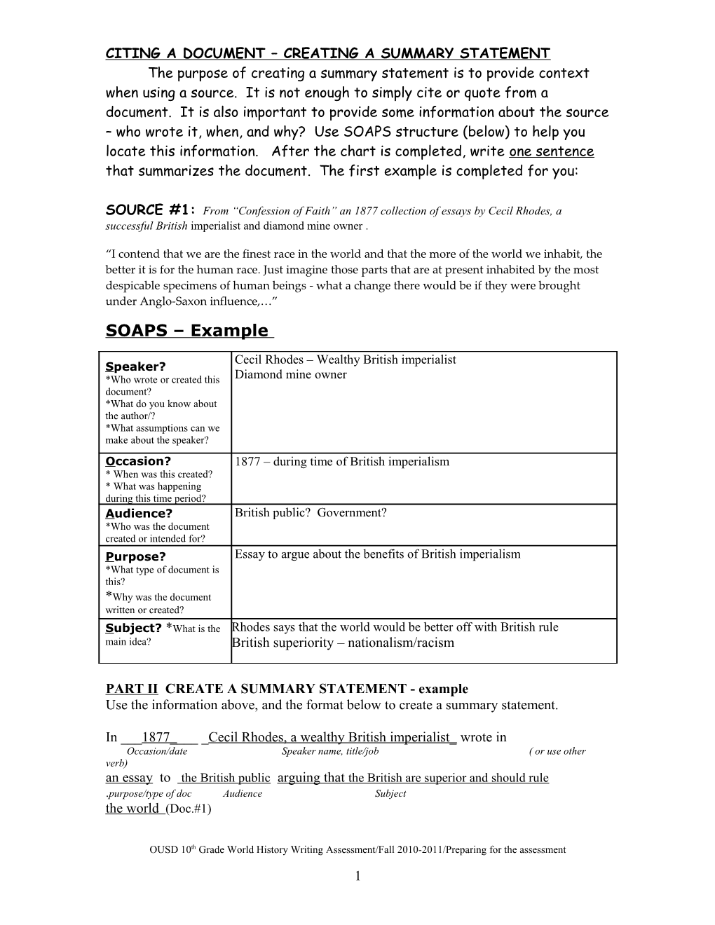 Citing a Document Creating a Summary Statement