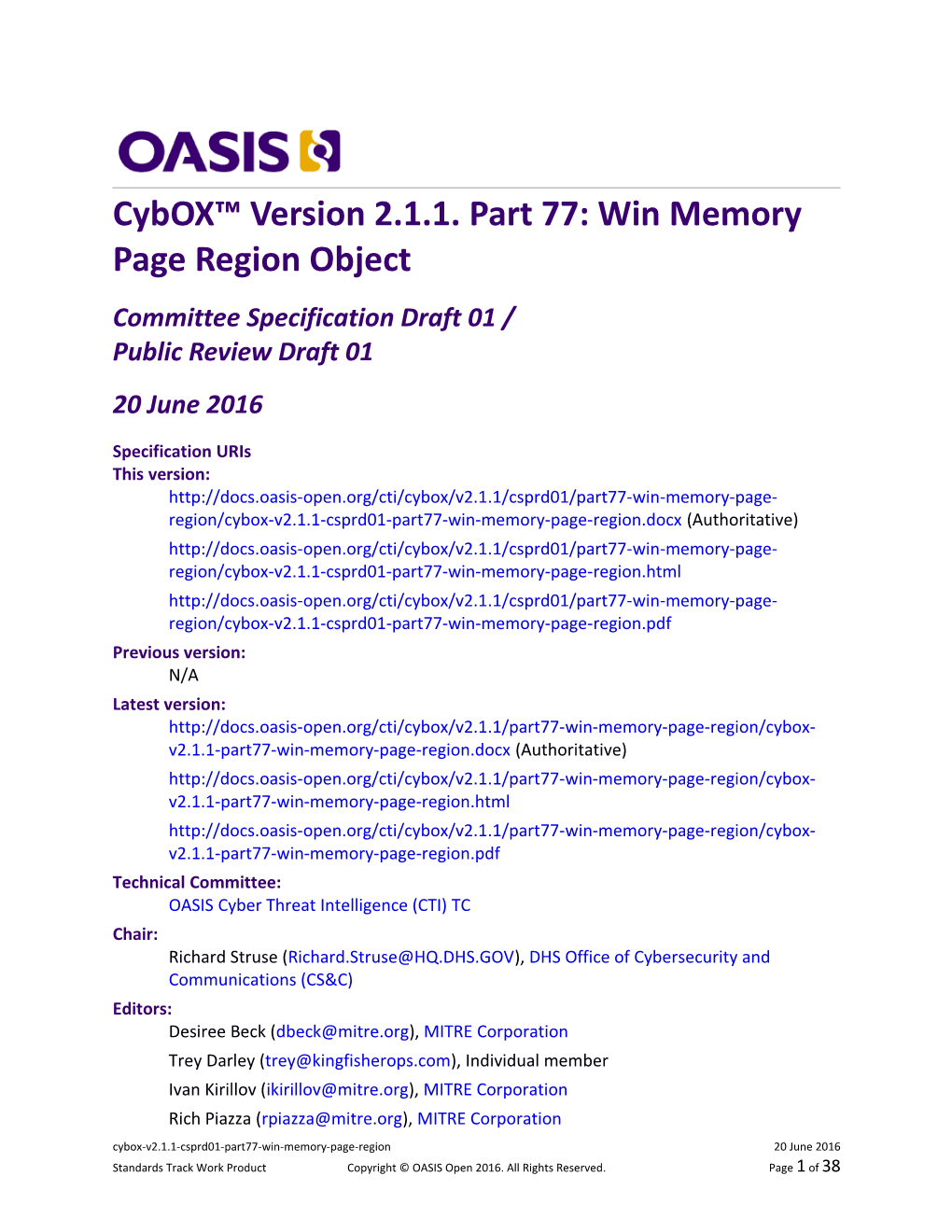 Cybox Version 2.1.1. Part 77: Win Memory Page Region Object