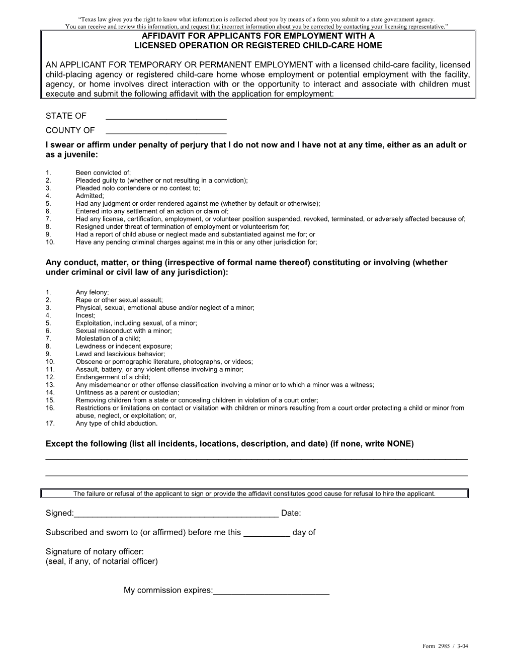 Affidavit for Application for Employment with a CCF Or RFH