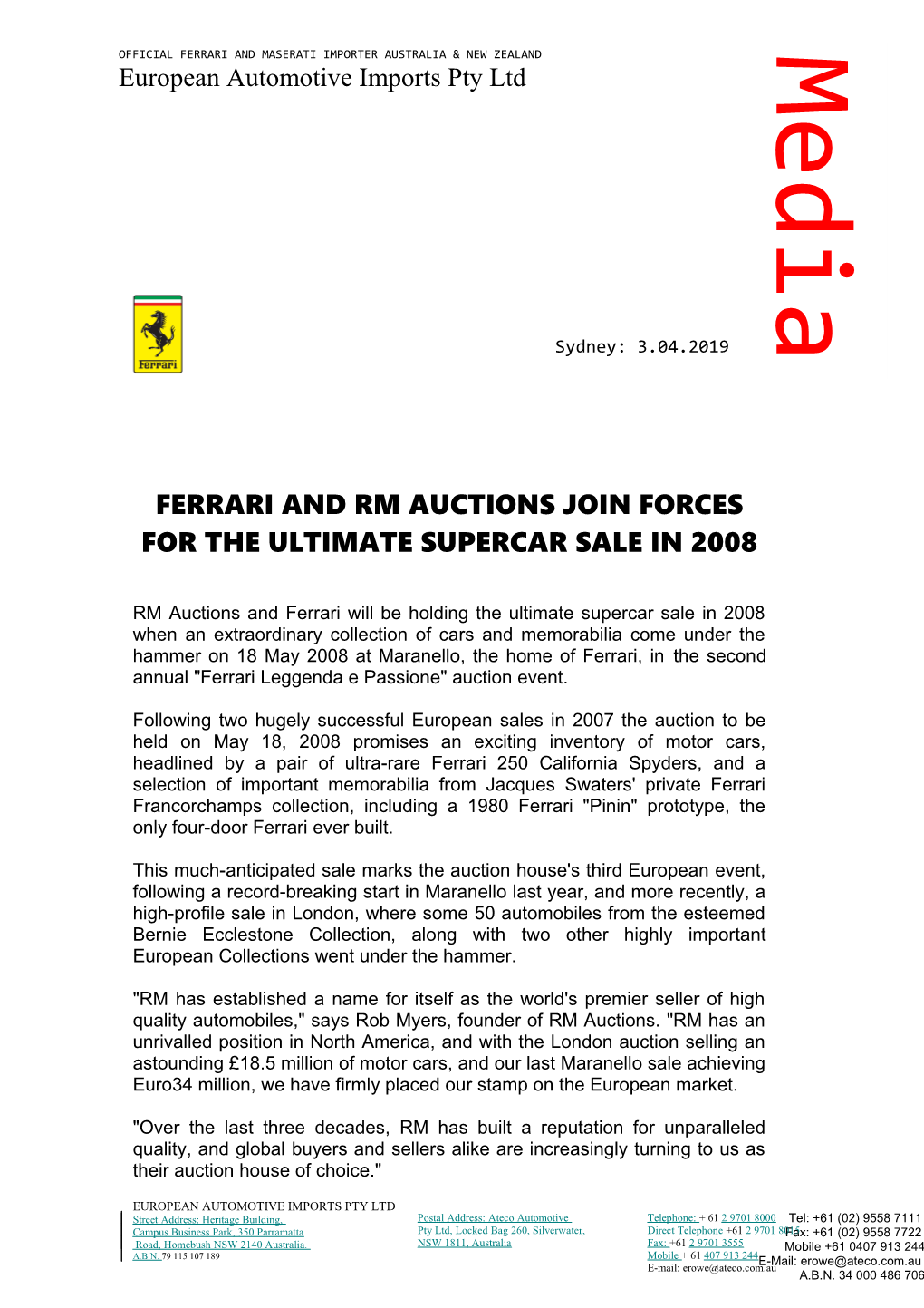 Ferrari and Rm Auctions Join Forces for the Ultimate Supercar Sale in 2008