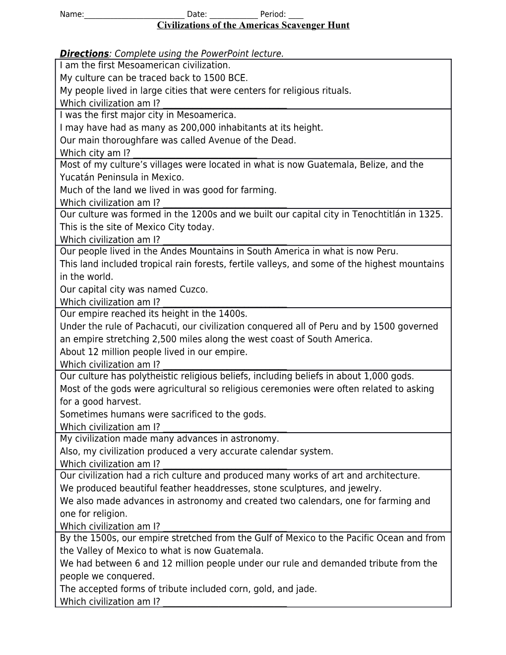 Civilizations of the Americas Scavenger Hunt