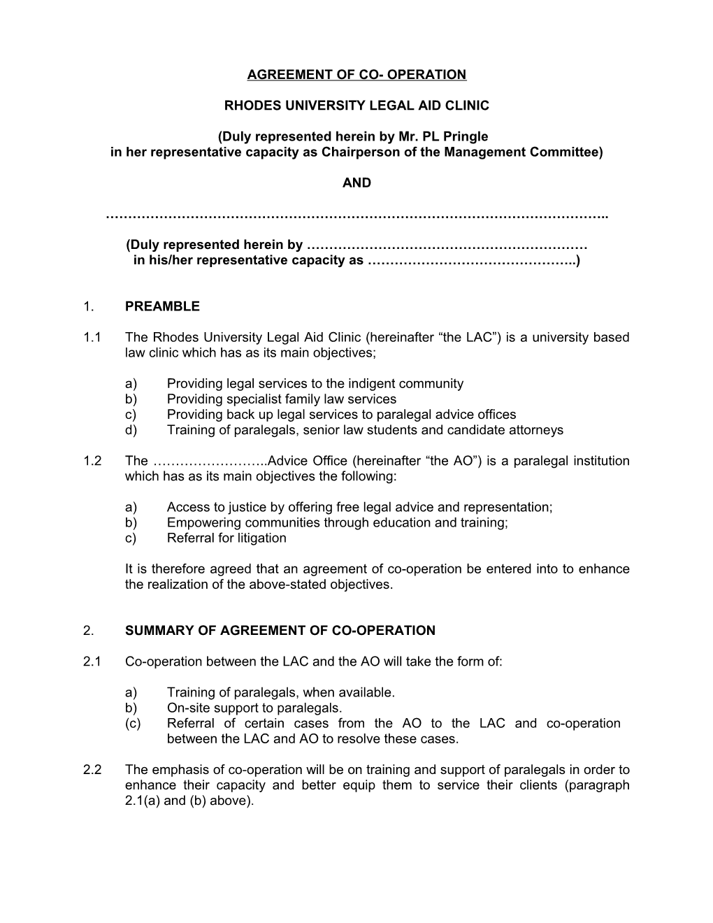 Agreement of Co- Operation