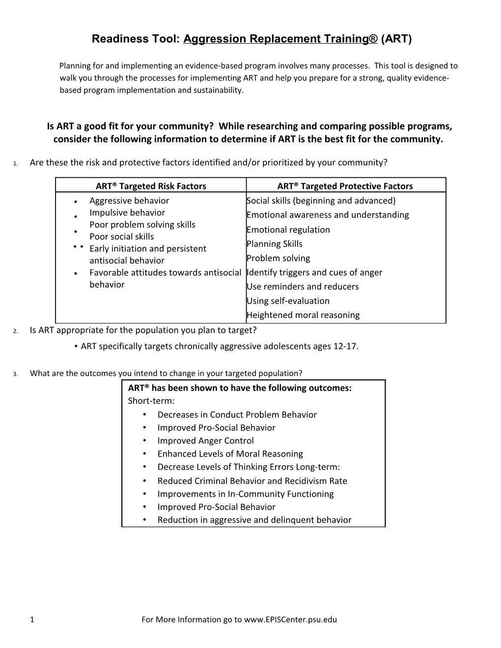 Readiness Tool: Aggression Replacement Training (ART)