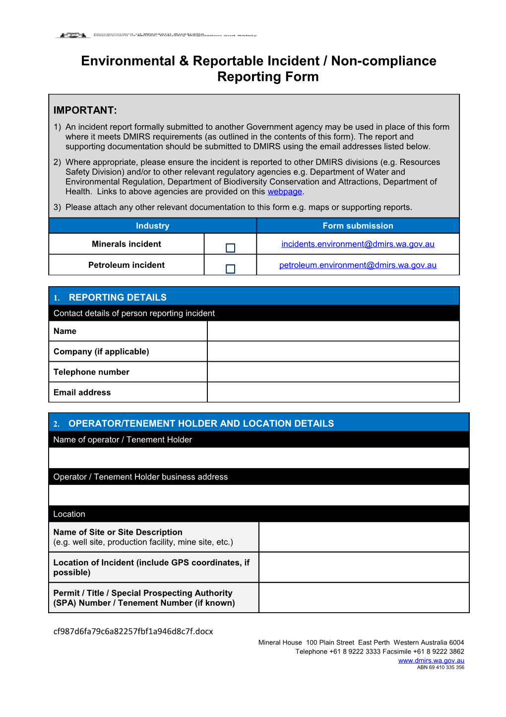 Environmental & Reportable Incident/Non-Compliance Reporting Form