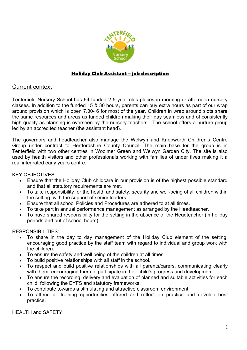 Holiday Club Assistant Job Description