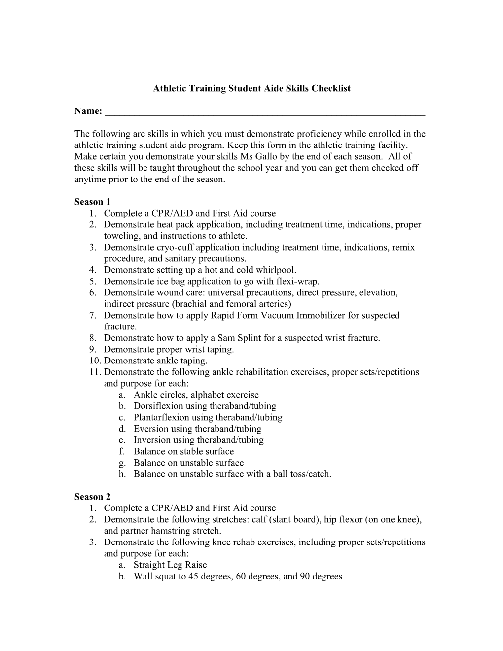 Athletic Training Student Aide Skills Checklist