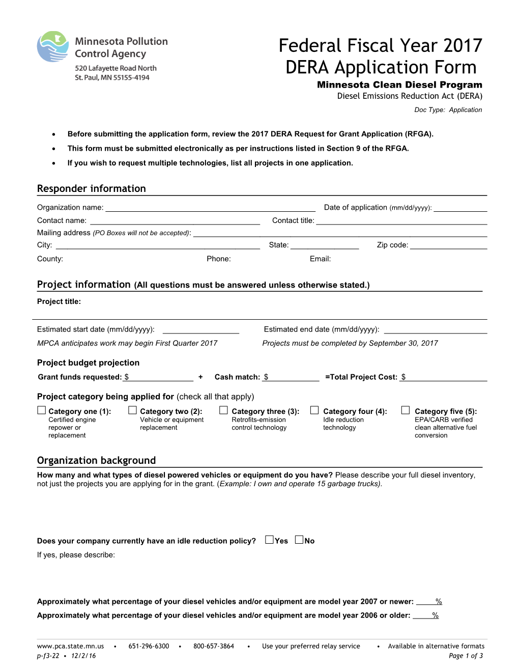 DERA Application Form - Diesel Emissions Reduction Act (DERA) - Form