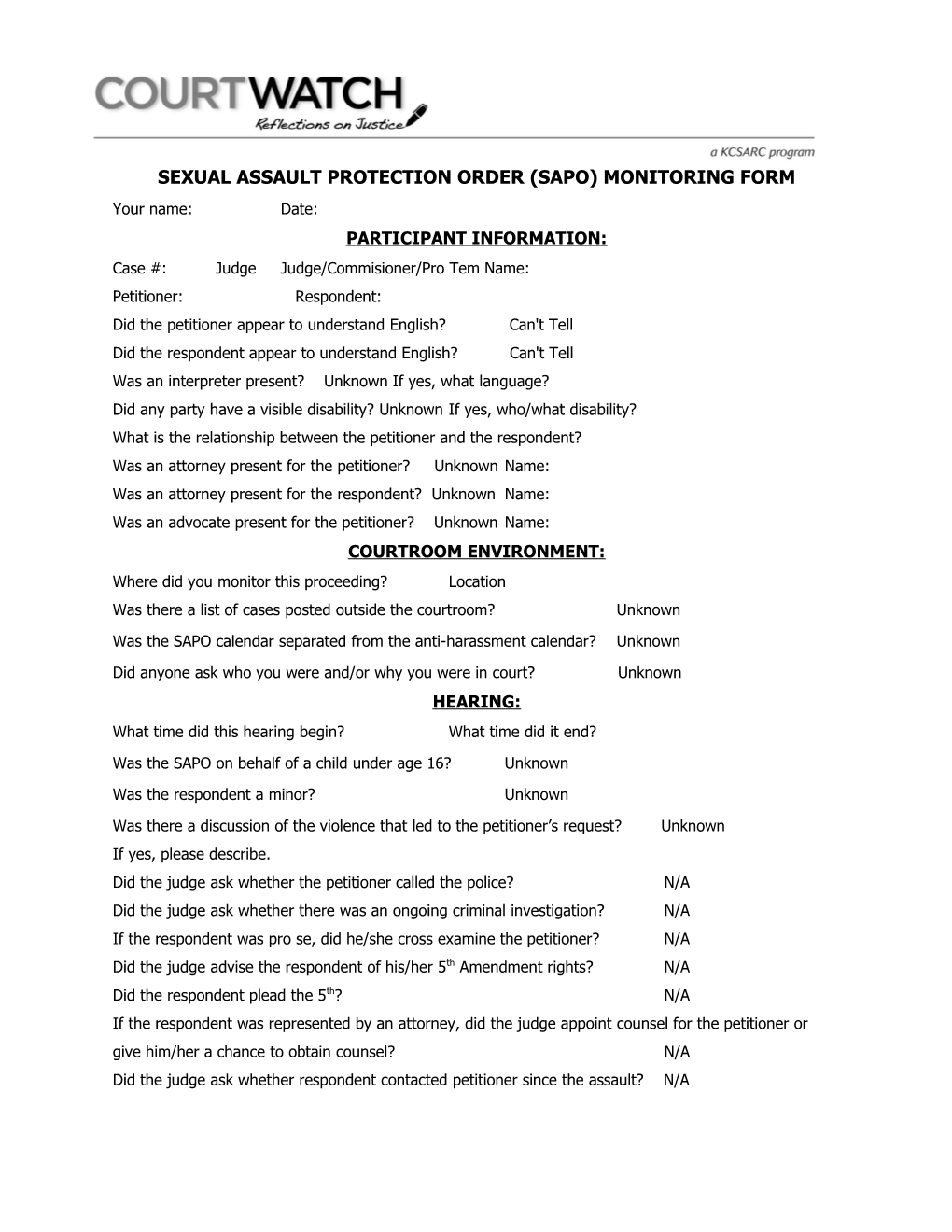 Sexual Assault Protection Order (Sapo) Monitoring Form