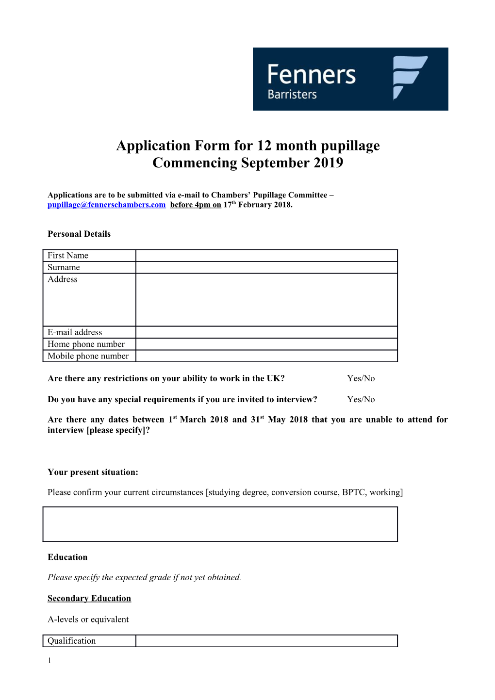 Application Form for 12 Month Pupillage