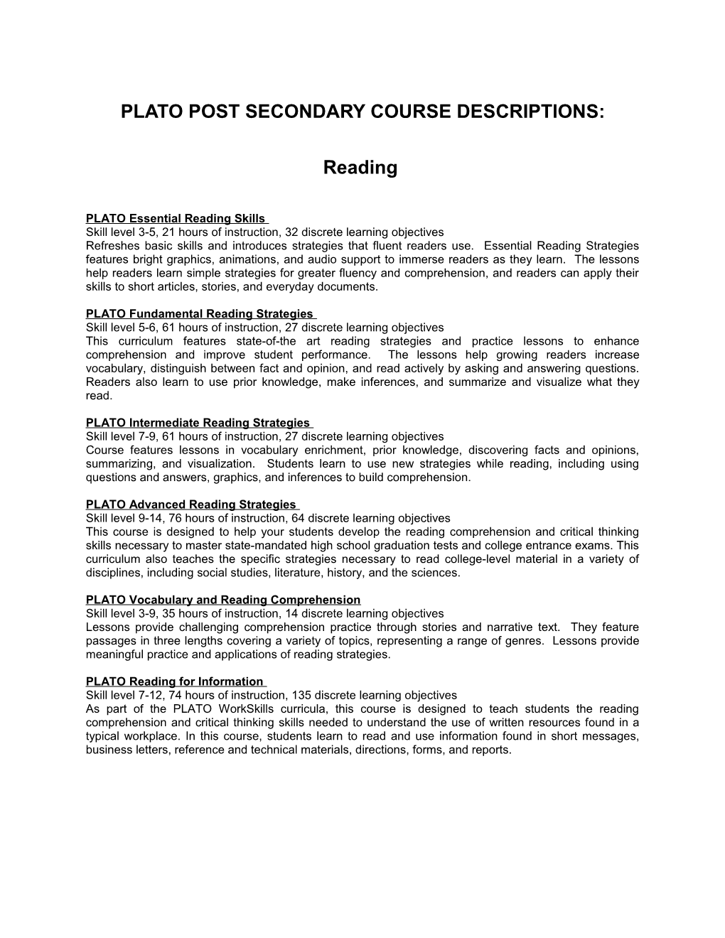 Plato Post Secondary Course Descriptions