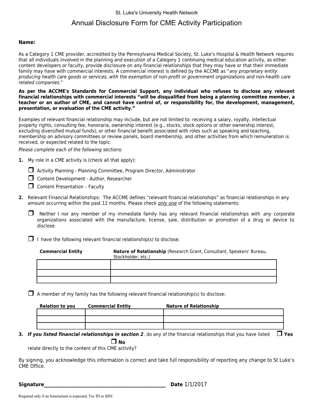 Annual Disclosure Form for CME Activity Participation