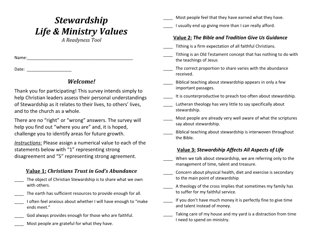 A Readiness Tool for Stewarship Life