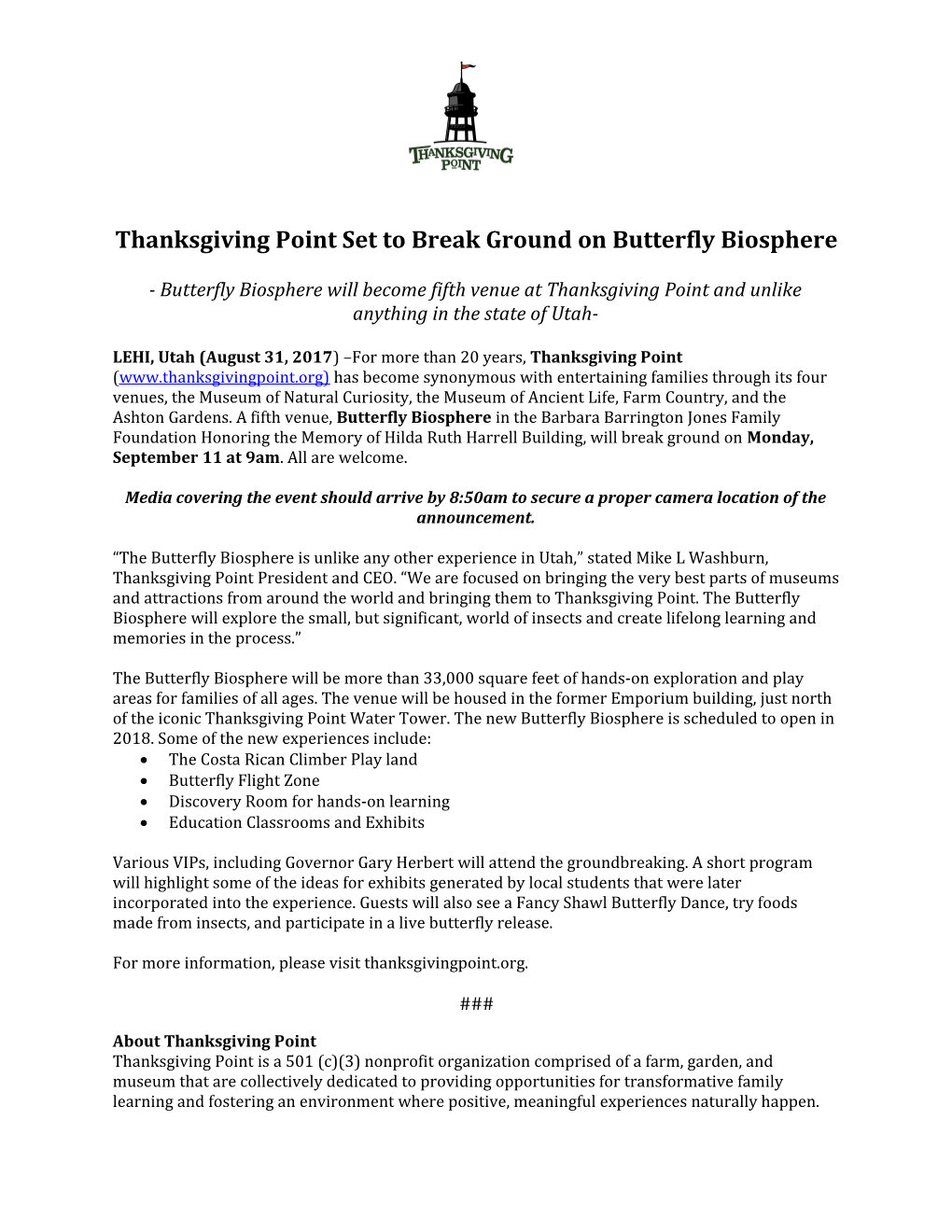 Thanksgiving Pointset to Break Ground on Butterfly Biosphere