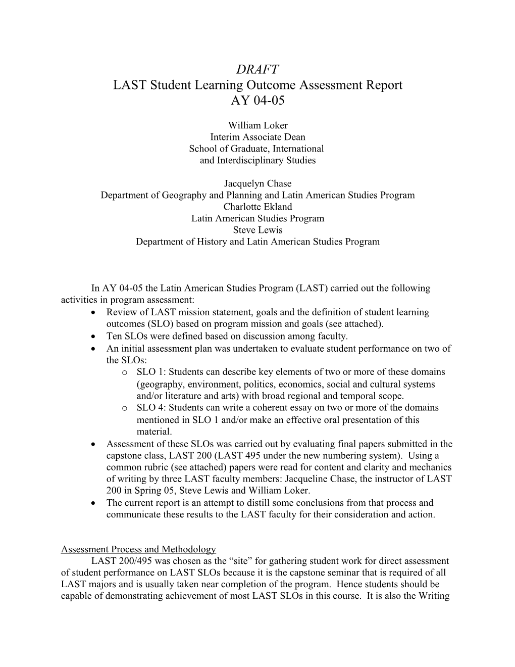 LAST Student Learning Outcome Assessment Report