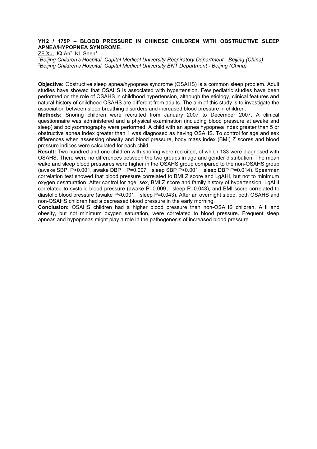 YI12 / 175P Blood Pressure in Chinese Children with Obstructive Sleep Apnea/Hypopnea Syndrome