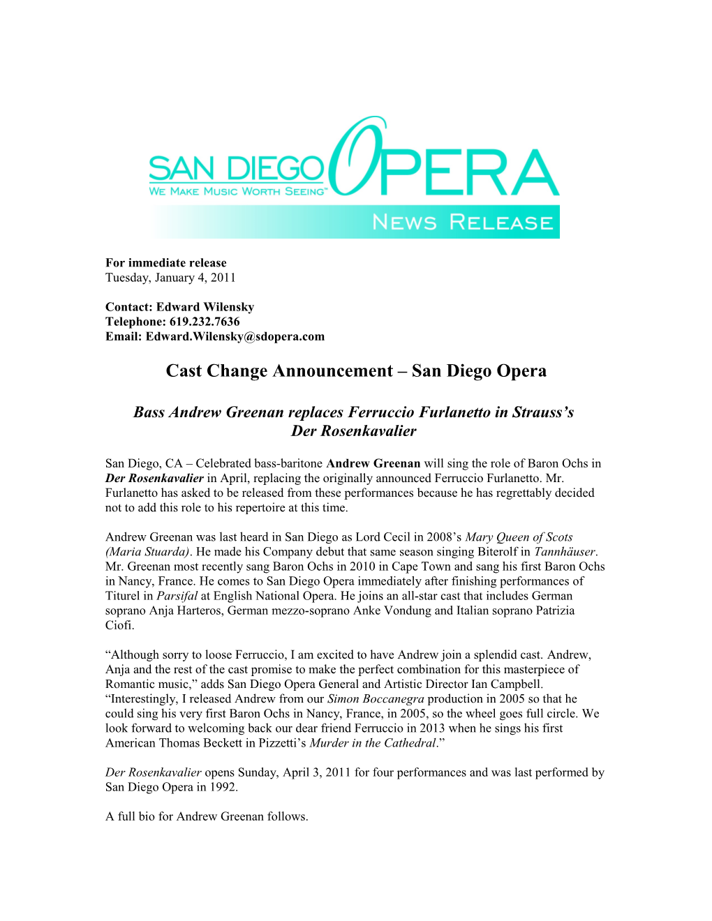 Cast Change Announcement San Diego Opera