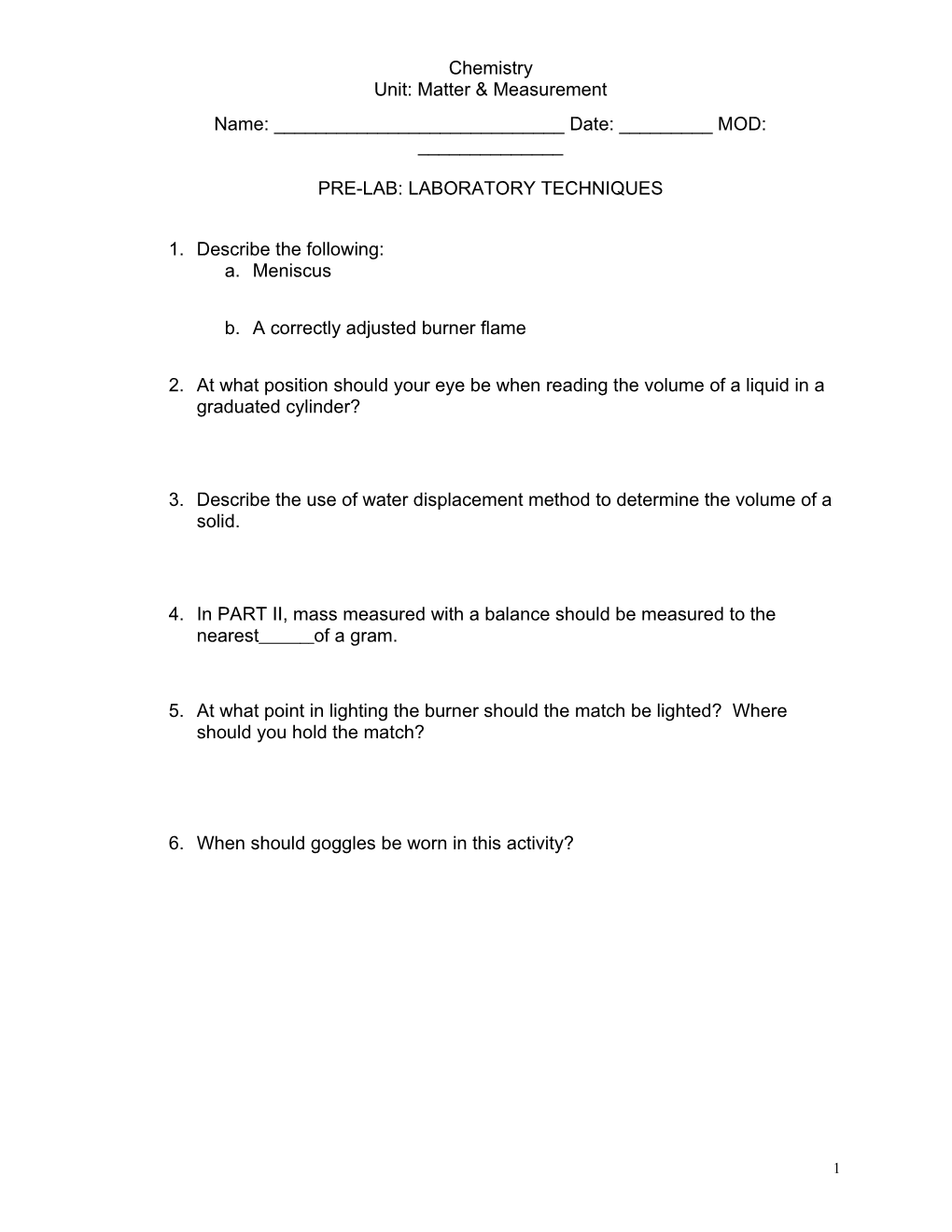 Pre-Lab: Laboratory Techniques