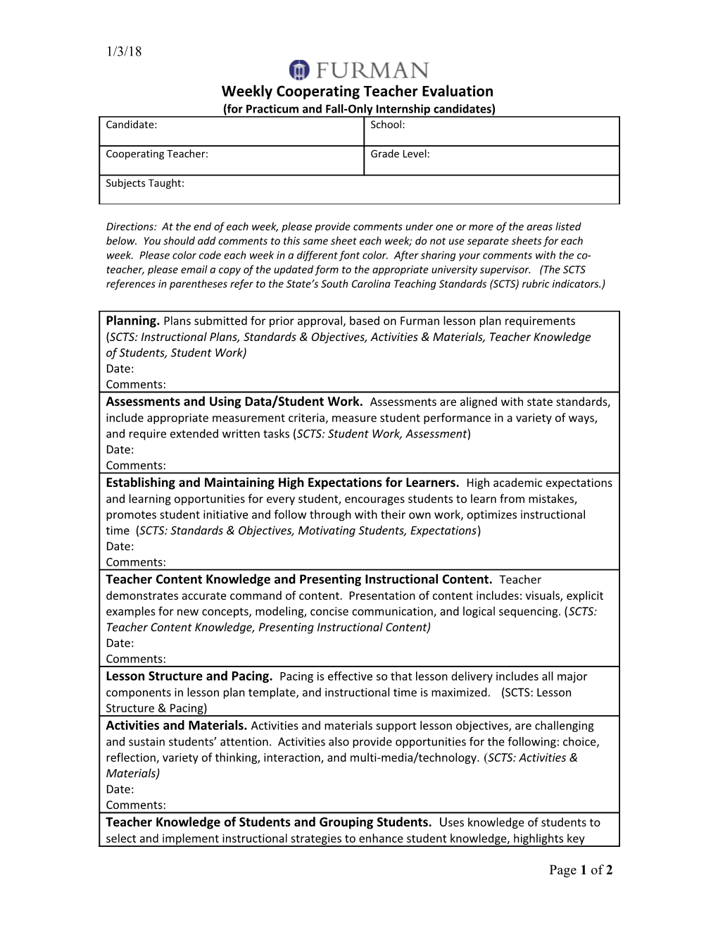 Weekly Teacher Observation Form