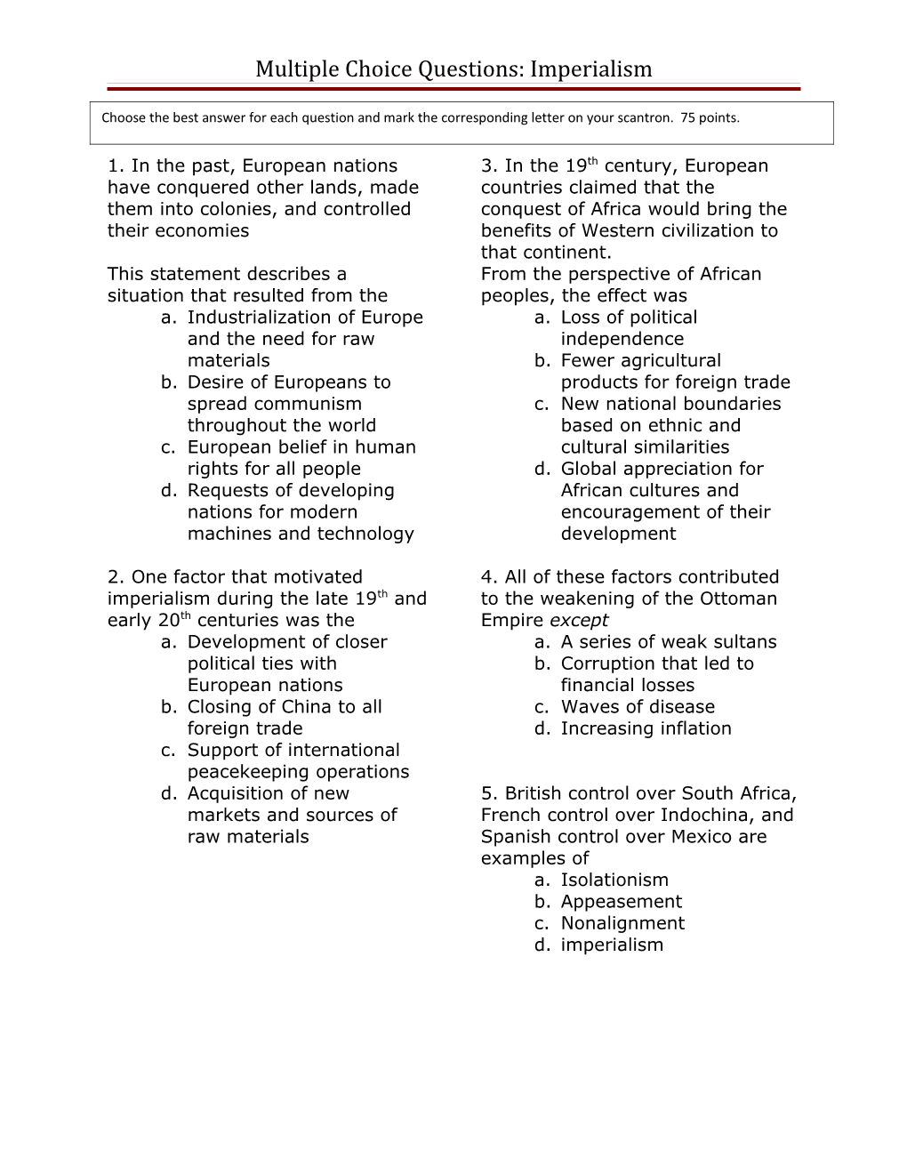 Multiple Choice Questions: Imperialism