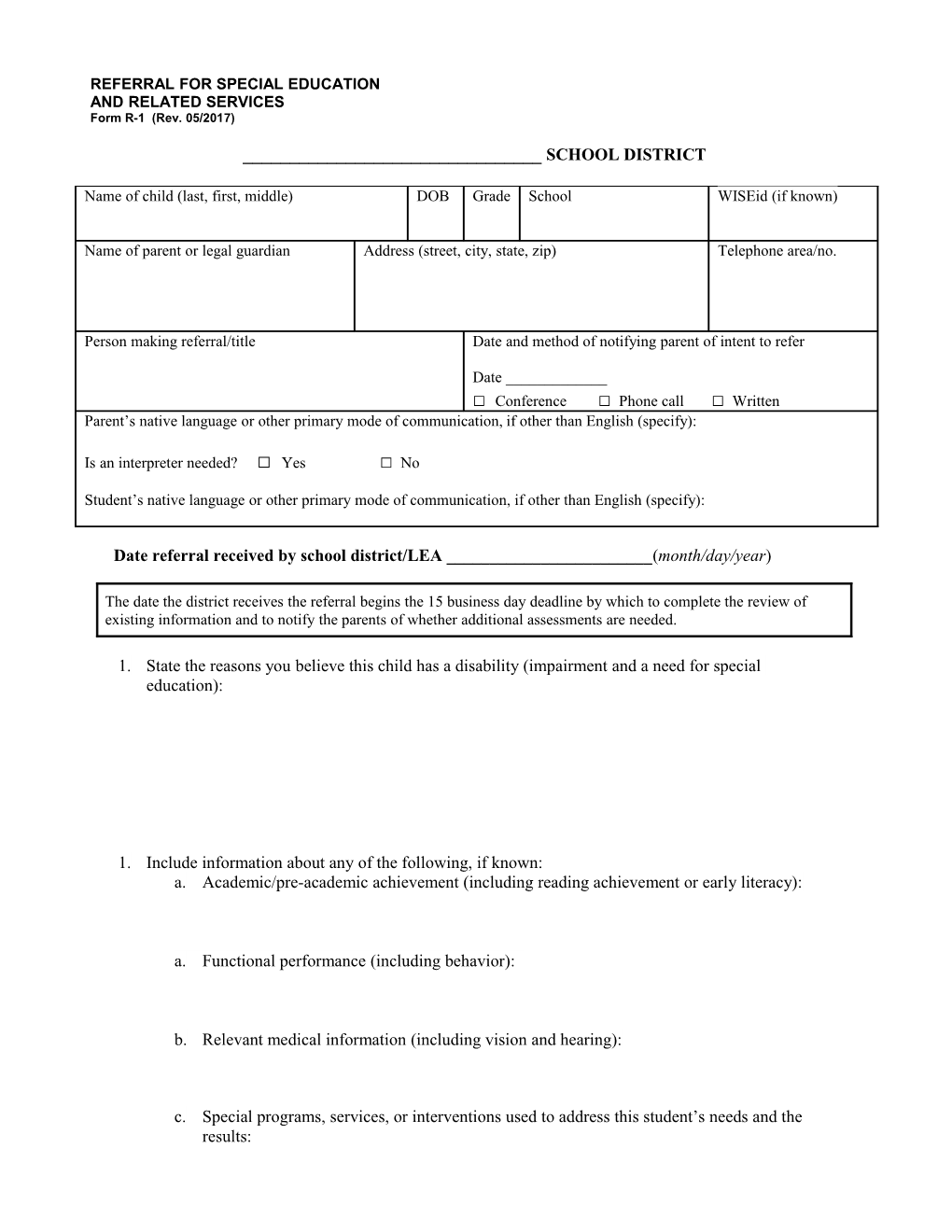 Sample Special Education Forms Package Integrated with All October 2006Changes