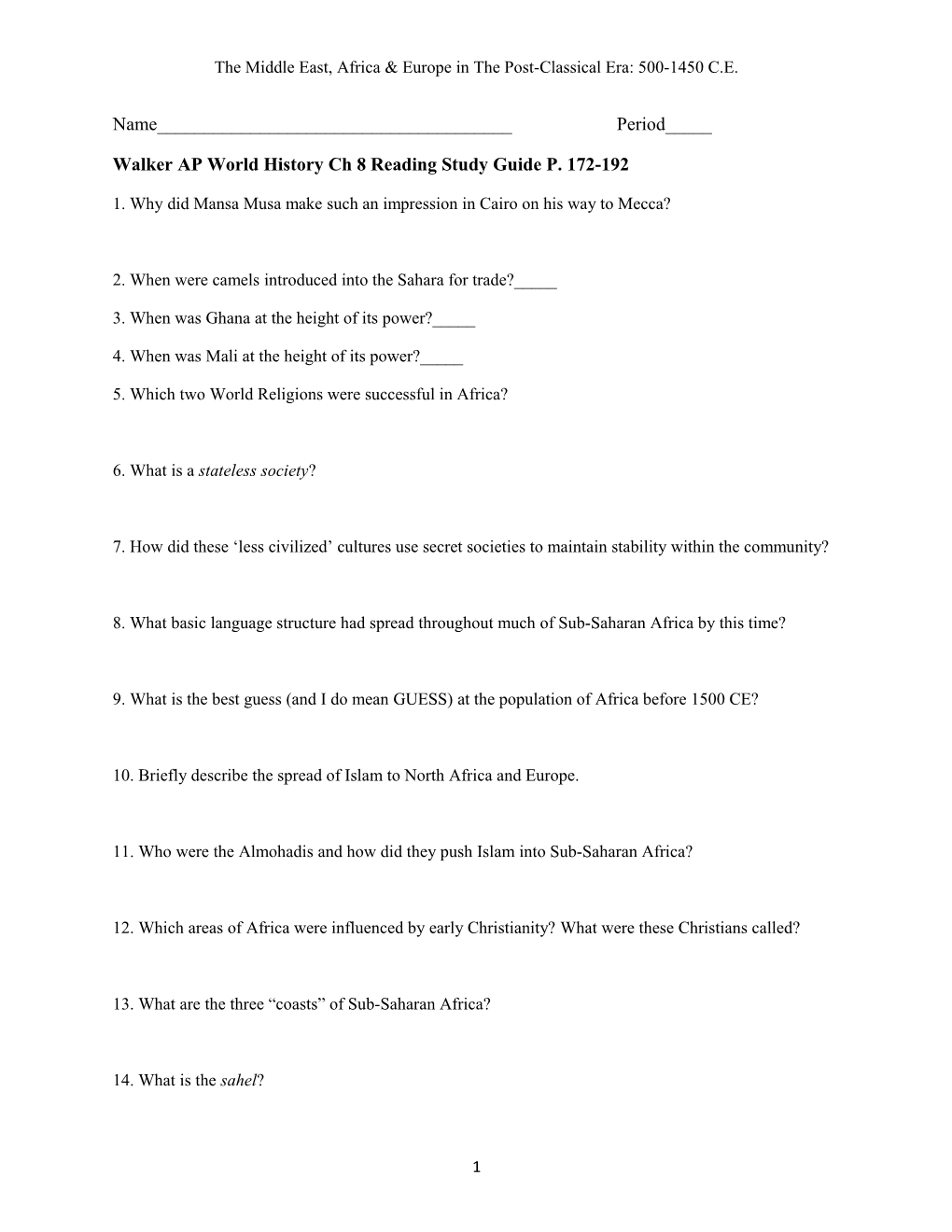 Walker AP World History Ch 8Reading Study Guide P. 172-192