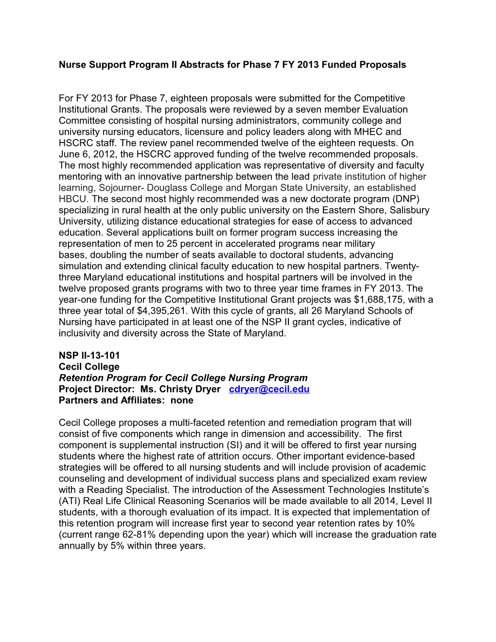 Nurse Support Program II Abstracts for Phase 7 FY 2013 Funded Proposals