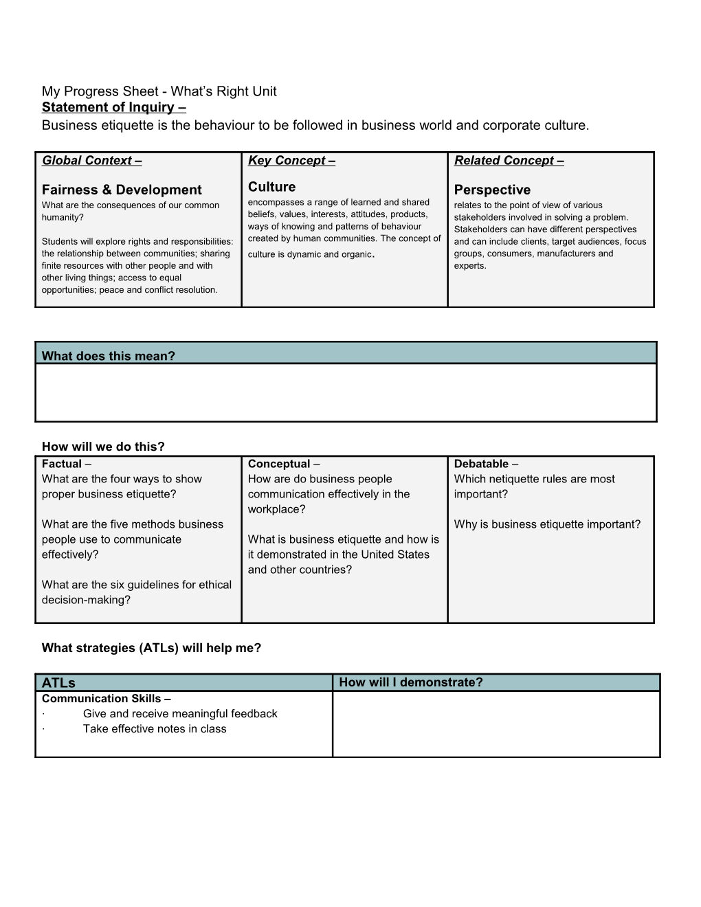 My Progress Sheet - What's Right Unit