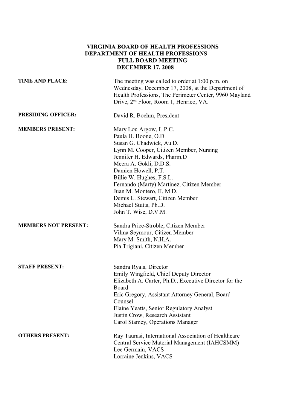 Board of Health Professions Minutes December 2008