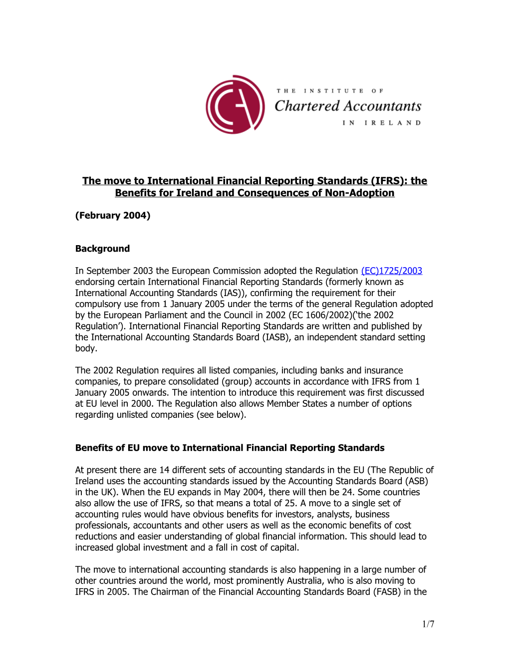 The Move to International Financial Reporting Standards (IFRS): the Benefits for Ireland