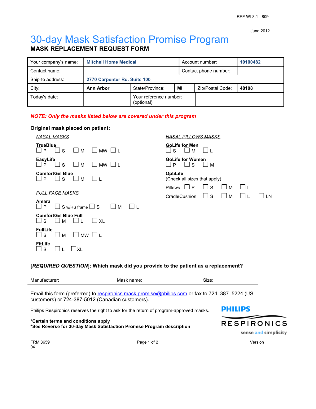 Mask Replacement Request Form