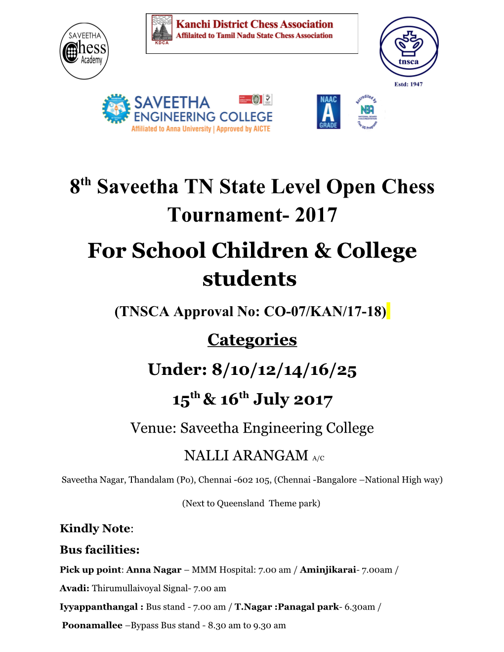 8Th Saveetha TN State Level Open Chess Tournament- 2017