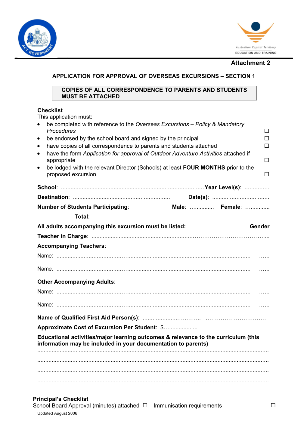 Application for Approval of Overseas Excursions - Section 1