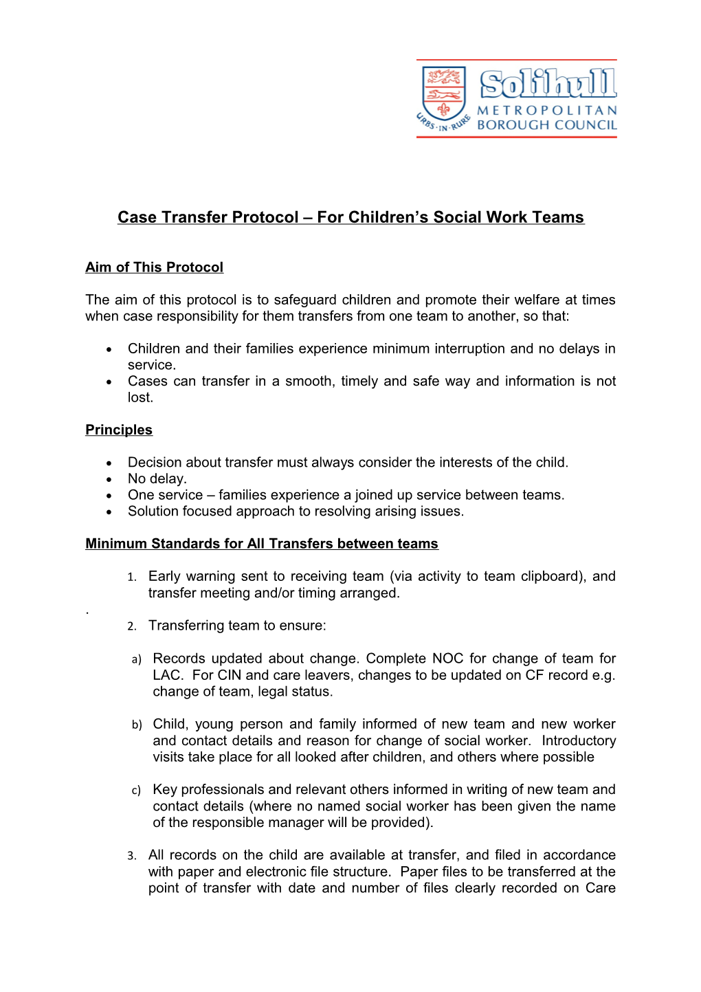 Case Transfer Protocol for Children S Social Work Teams