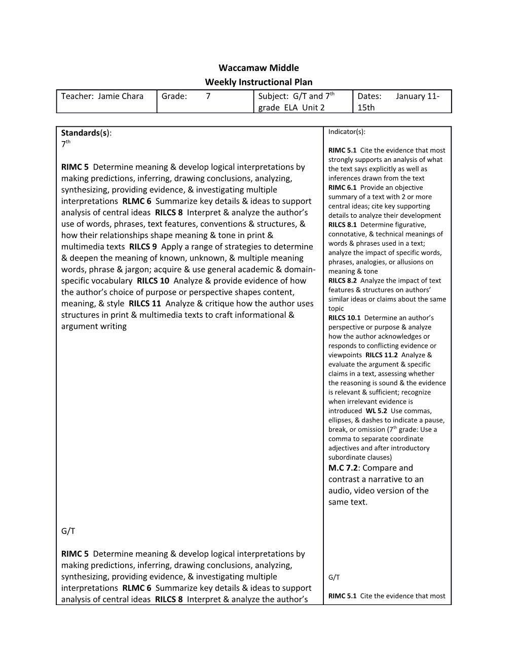 Weekly Instructional Plan