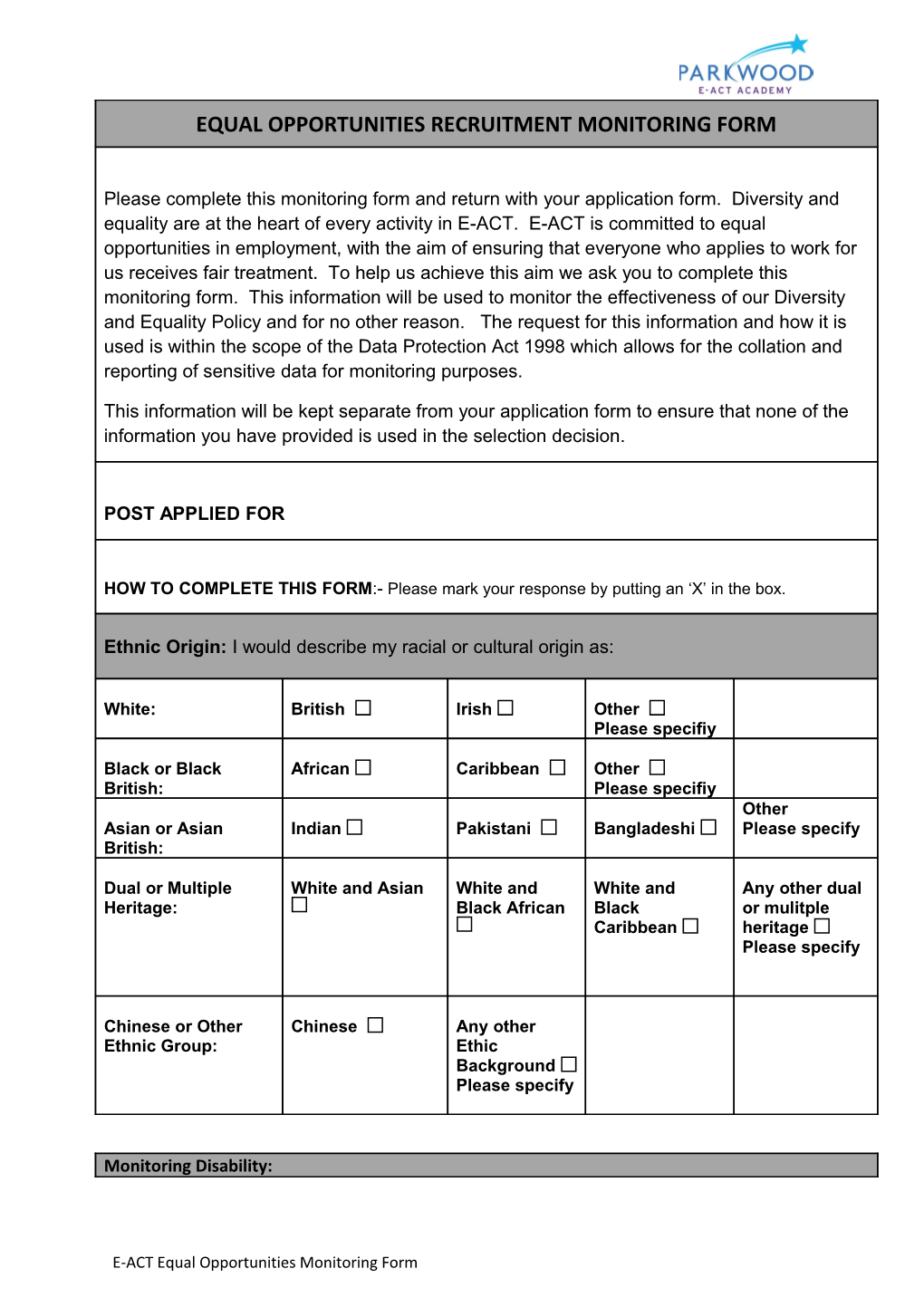 E-ACT Equal Opportunities Monitoring Form