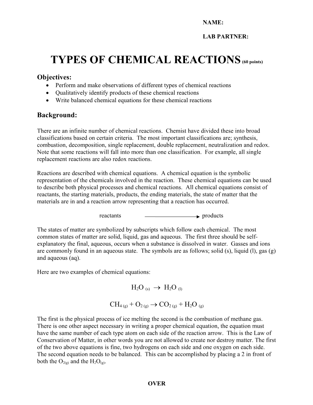 TYPES of CHEMICAL REACTIONS (60 Points)