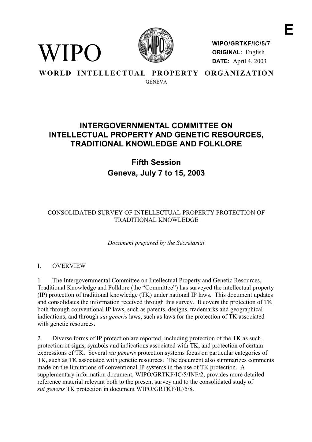 WIPO/GRTKF/IC/5/7: Consolidated Survey of Intellectual Property Protection of Traditional