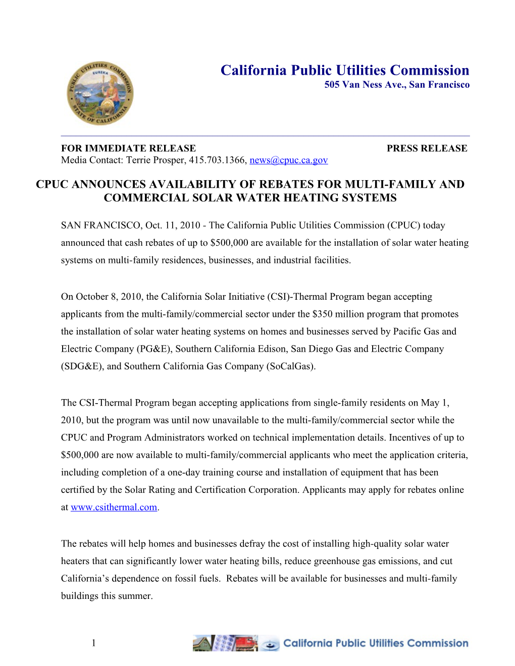 CPUC ANNOUNCES AVAILABILITY of Rebates for Multi-FAMILY and COMMERCIAL Solar Water