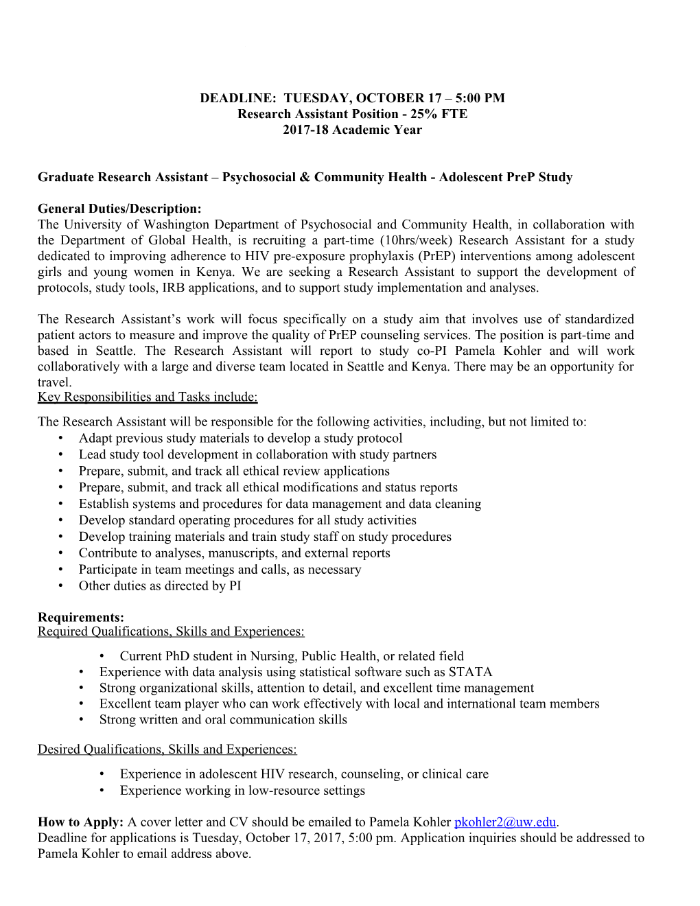 Graduate Research Assistant Psychosocial & Community Health - Adolescent Prep Study